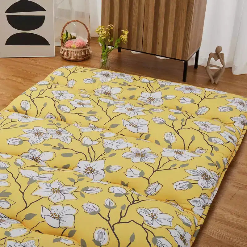 Acekool Full Size Japanese Floor Futon Mattress, Floral Printed Tatami Mat, Foldable Roll-Up Sleeping Pad for Guest Room, Dorm  Stylish Yellow