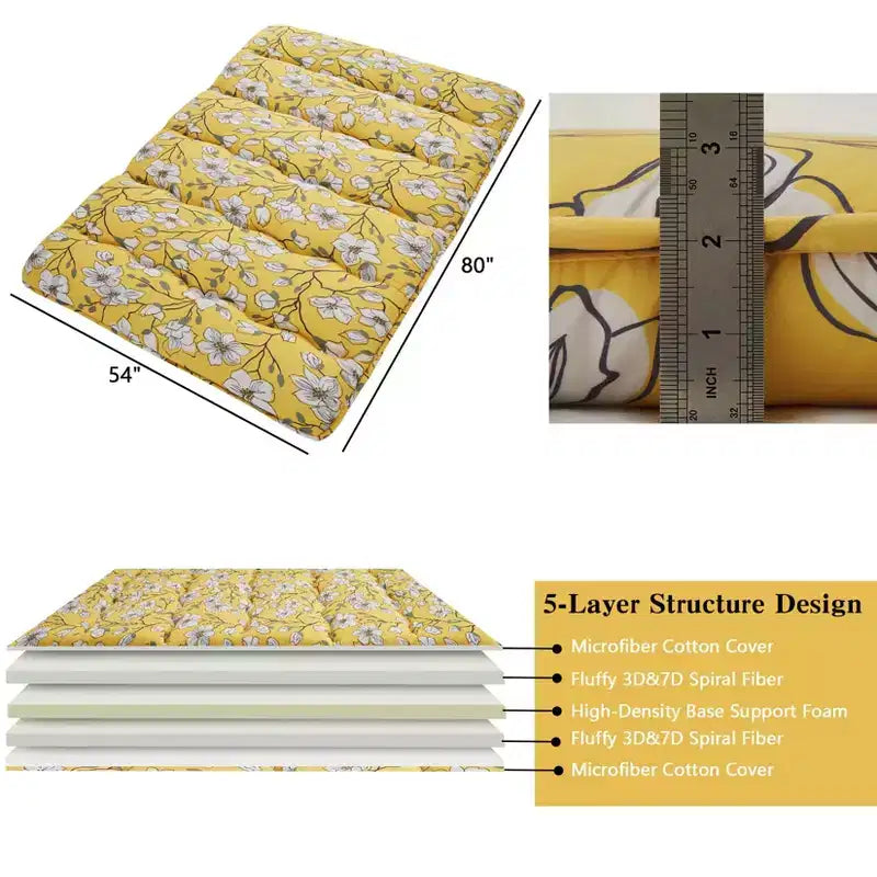 Full Size Japanese Floor Futon Mattress, Floral Printed Tatami Mat, Foldable Roll-Up Sleeping Pad for Guest Room, Dorm Stylish Yellow