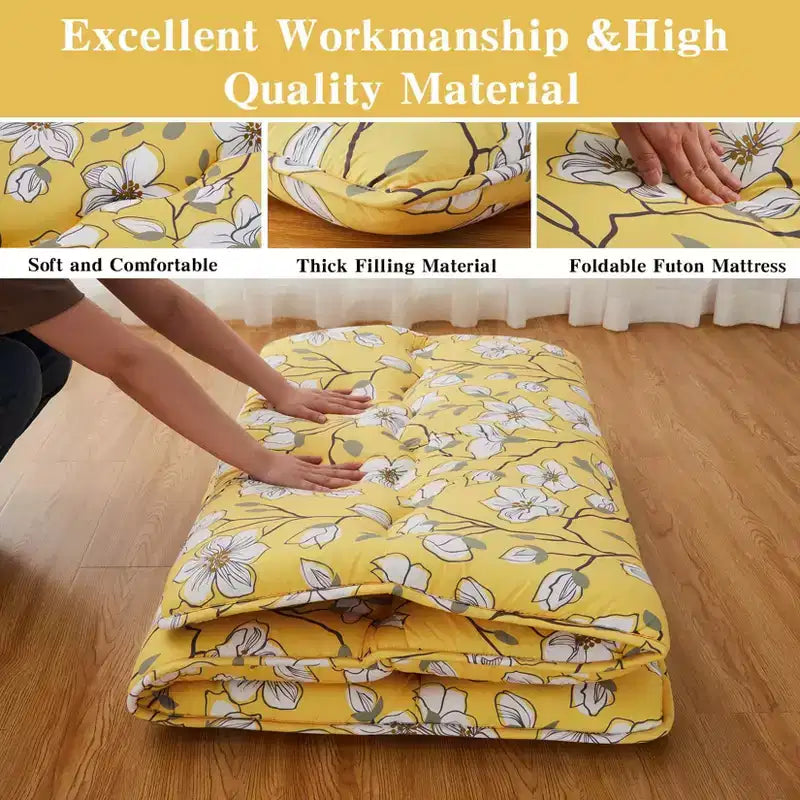 Full Size Japanese Floor Futon Mattress, Floral Printed Tatami Mat, Foldable Roll-Up Sleeping Pad for Guest Room, Dorm Stylish Yellow