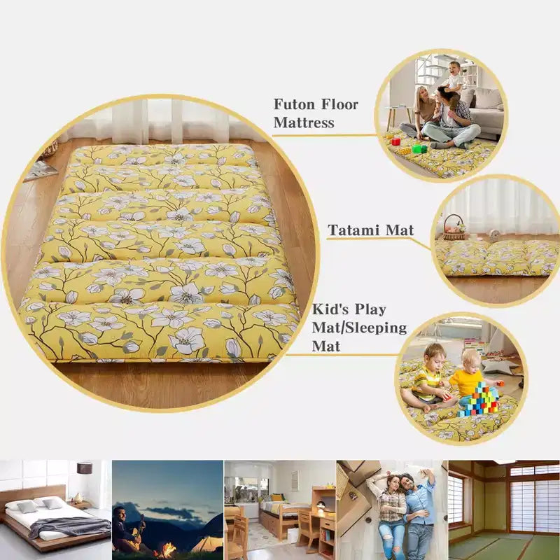 Full Size Japanese Floor Futon Mattress, Floral Printed Tatami Mat, Foldable Roll-Up Sleeping Pad for Guest Room, Dorm Stylish Yellow