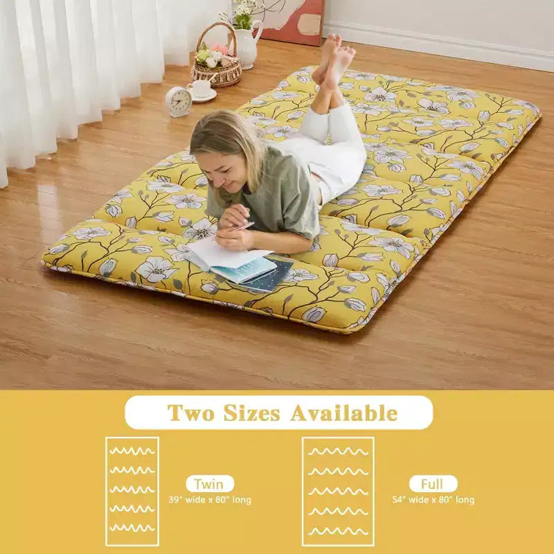 Full Size Japanese Floor Futon Mattress, Floral Printed Tatami Mat, Foldable Roll-Up Sleeping Pad for Guest Room, Dorm Stylish Yellow