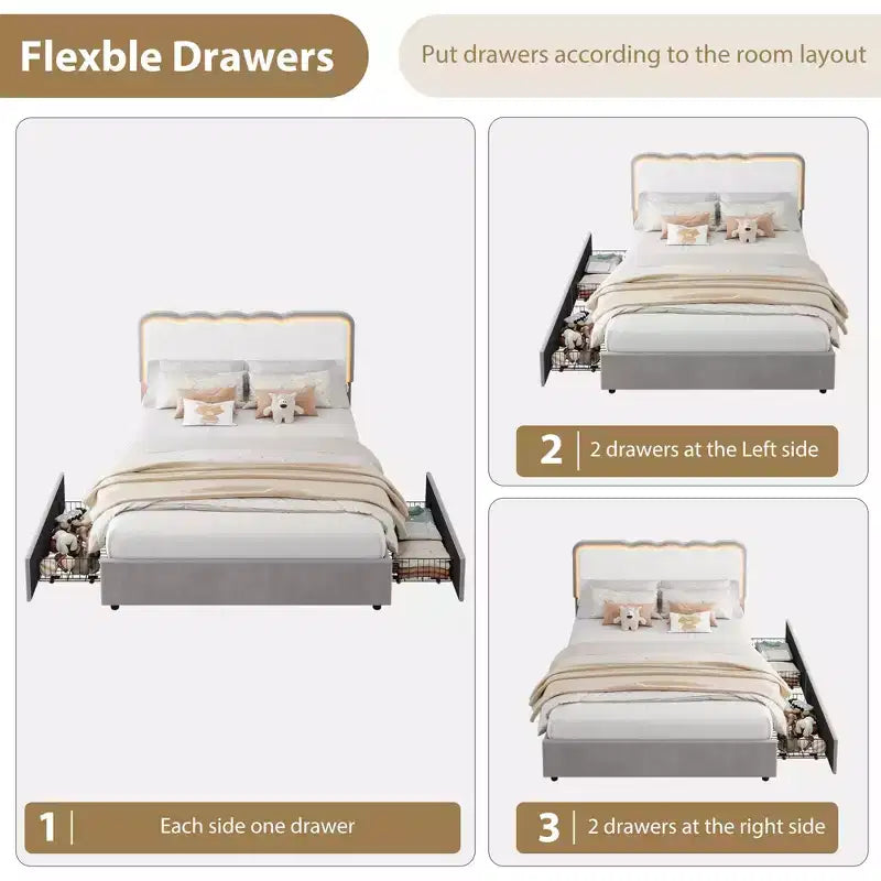Queen Upholstered LED Bed Frame w/ Storage Drawer & Adjustable Headboard, Velvet Princess Platform Bed, Heavy Duty Support, No Box Spring Needed