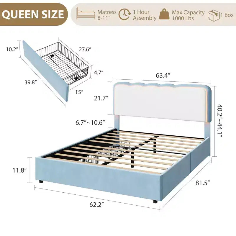 Queen Upholstered LED Bed Frame w/ Storage Drawer & Adjustable Headboard, Velvet Princess Platform Bed, Heavy Duty Support, No Box Spring Needed