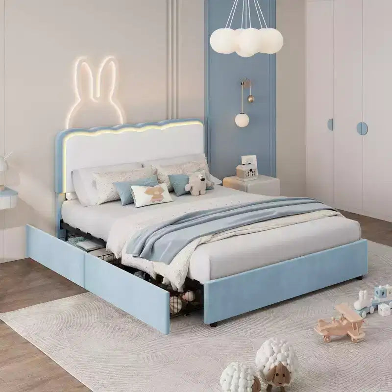 Queen Upholstered LED Bed Frame w/ Storage Drawer & Adjustable Headboard, Velvet Princess Platform Bed, Heavy Duty Support, No Box Spring Needed