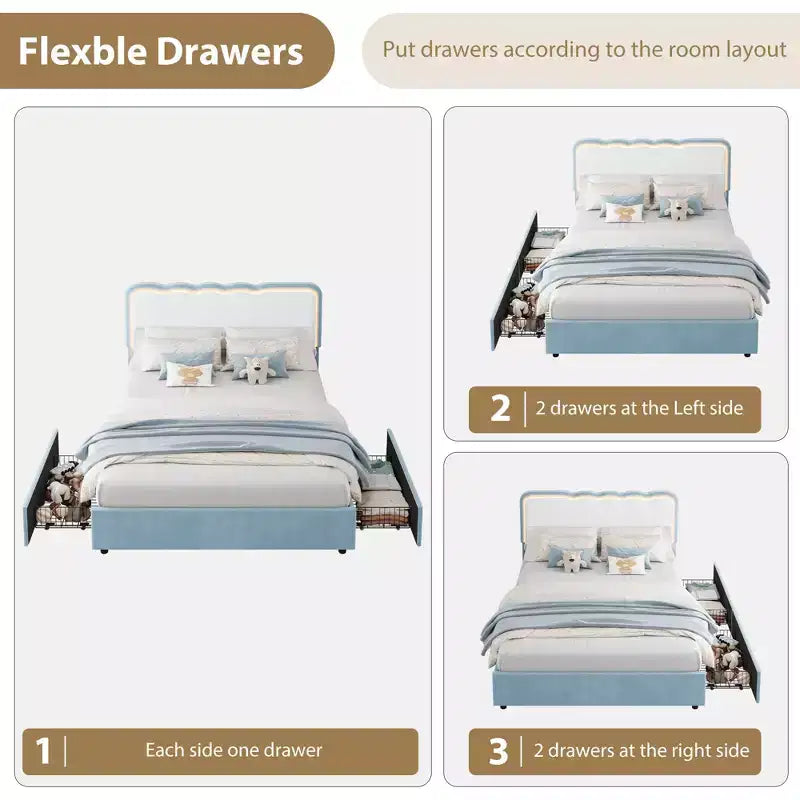 Queen Upholstered LED Bed Frame w/ Storage Drawer & Adjustable Headboard, Velvet Princess Platform Bed, Heavy Duty Support, No Box Spring Needed
