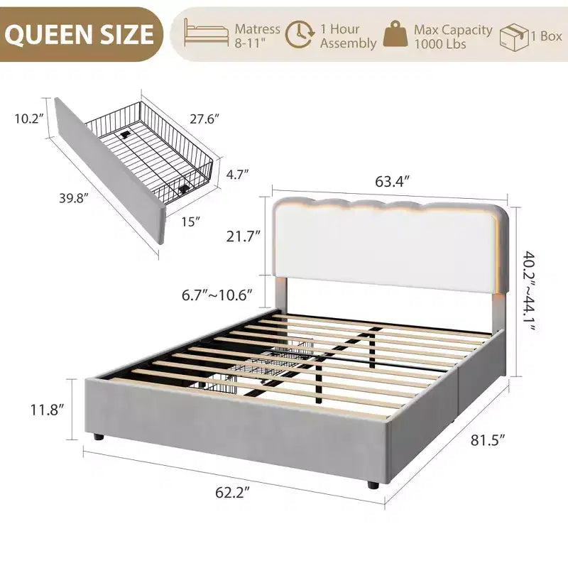 Queen Upholstered LED Bed Frame w/ Storage Drawer & Adjustable Headboard, Velvet Princess Platform Bed, Heavy Duty Support, No Box Spring Needed