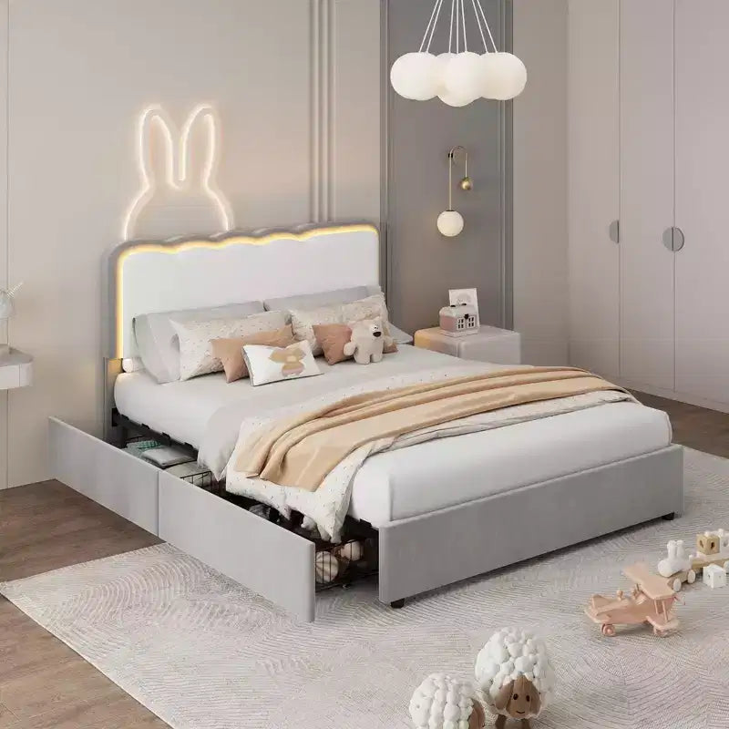 Queen Upholstered LED Bed Frame w/ Storage Drawer & Adjustable Headboard, Velvet Princess Platform Bed, Heavy Duty Support, No Box Spring Needed