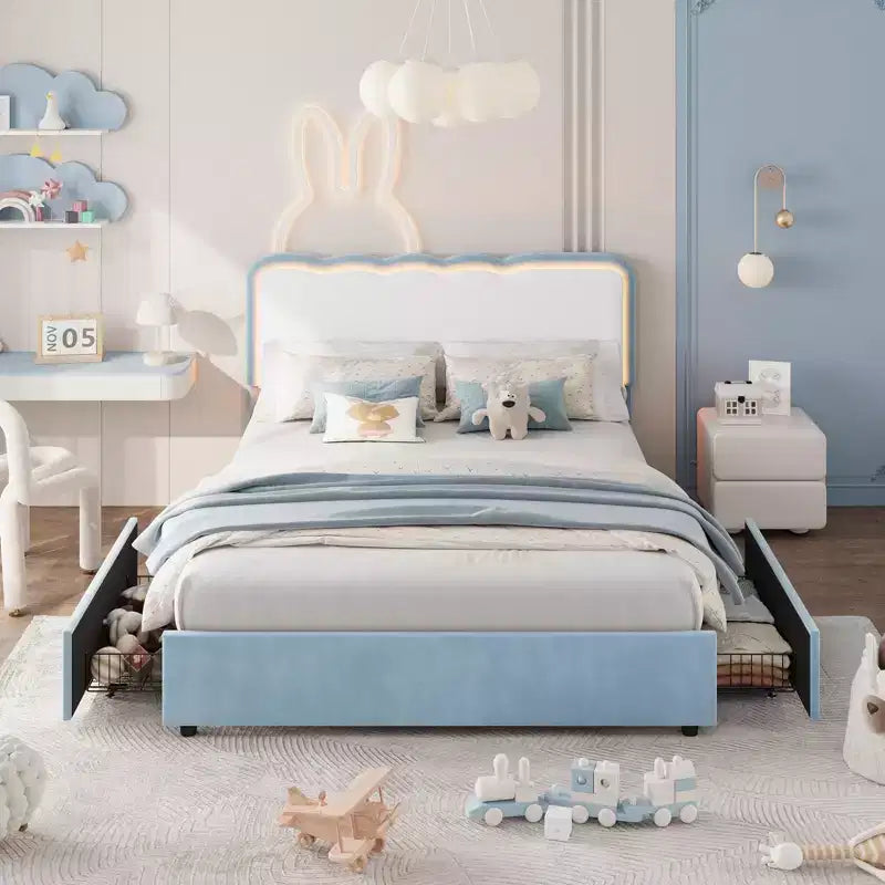 Queen Upholstered LED Bed Frame w/ Storage Drawer & Adjustable Headboard, Velvet Princess Platform Bed, Heavy Duty Support, No Box Spring Needed