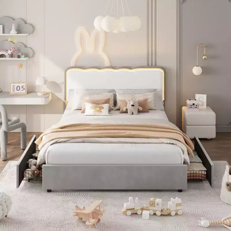 Queen Upholstered LED Bed Frame w/ Storage Drawer & Adjustable Headboard, Velvet Princess Platform Bed, Heavy Duty Support, No Box Spring Needed